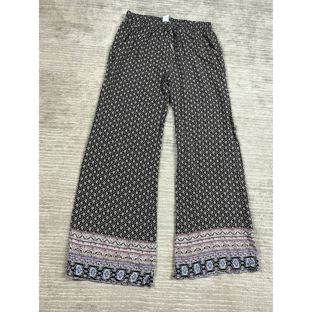 Breeze Ever Pants Womens L Black Floral Medallion Boho Wide Leg WP3376‎ Rayon